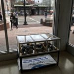 A street scene includes a glass case with toy penguins inside and a towel with "Ocean River" written on it.